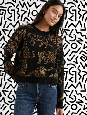 Rails Black Crewneck Sweater with Tan Leopard Pattern